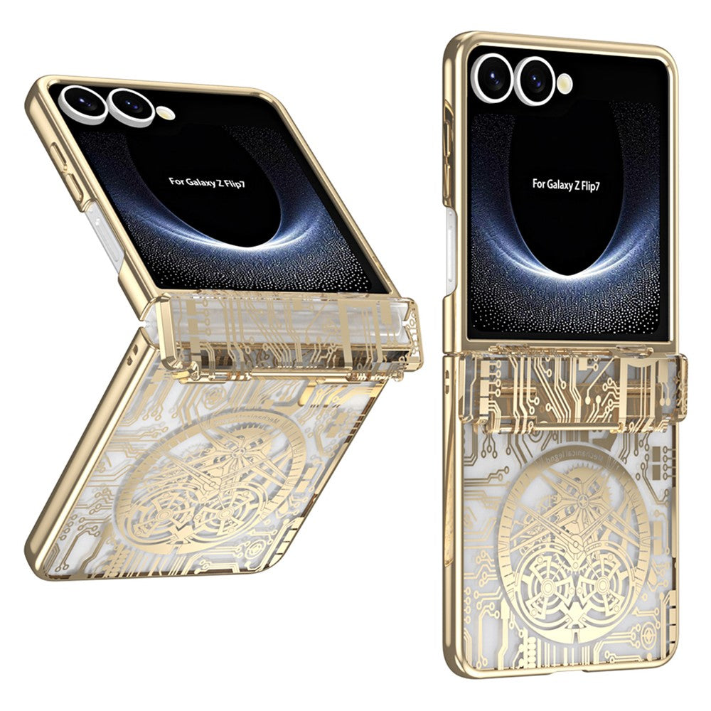 For Samsung Galaxy Z Flip7 5G Case Mechanical Legend Electroplating PC Phone Cover with Rear Screen Film - Gold
