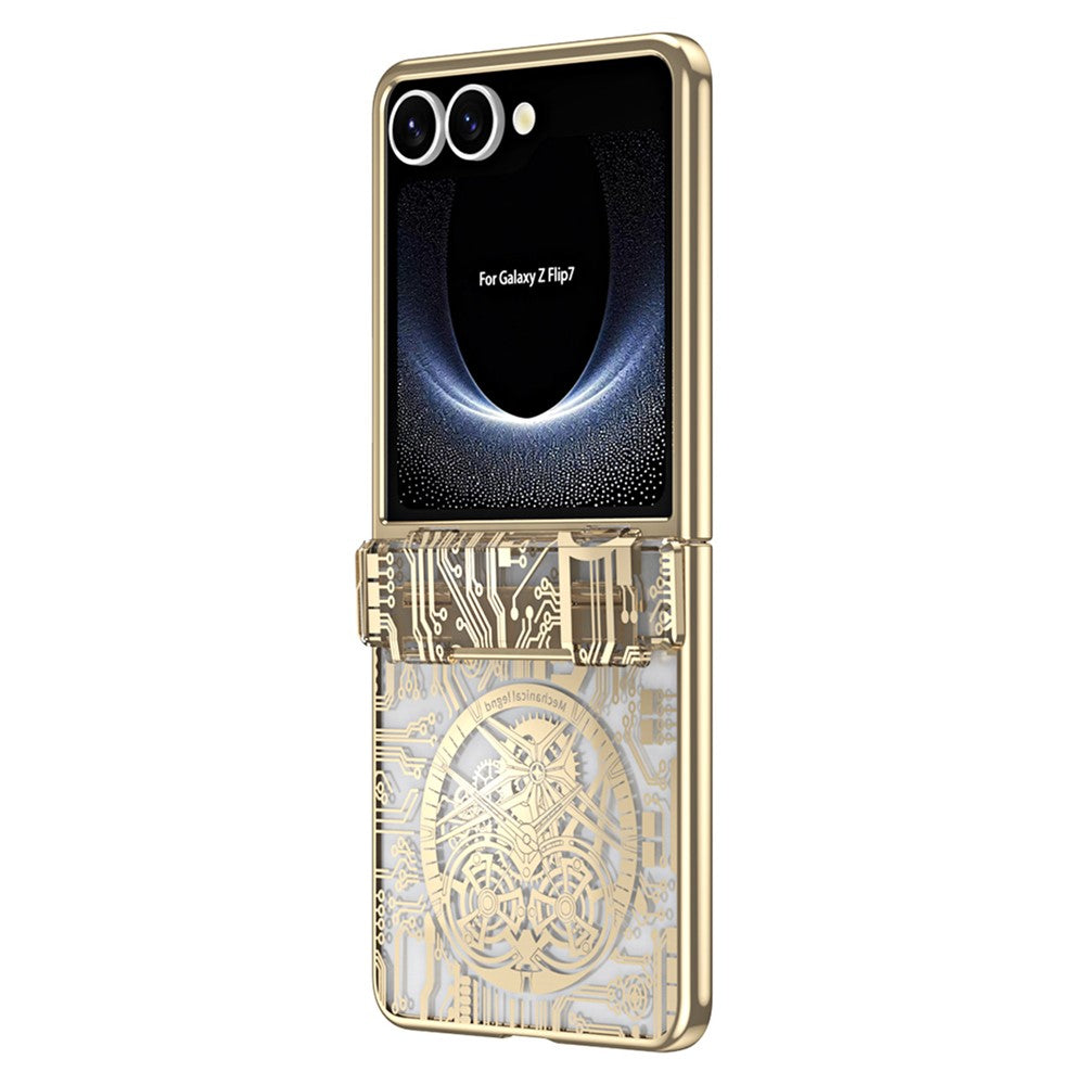 For Samsung Galaxy Z Flip7 5G Case Mechanical Legend Electroplating PC Phone Cover with Rear Screen Film - Gold