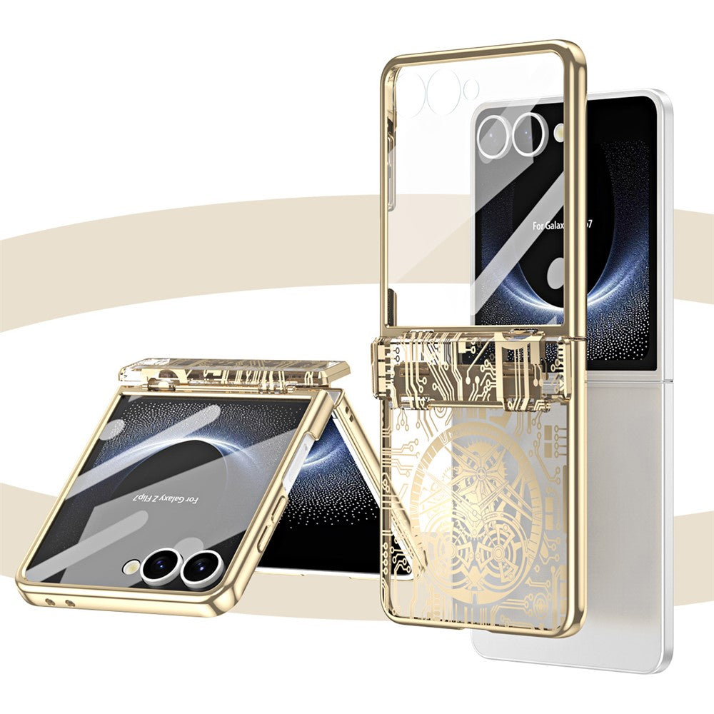 For Samsung Galaxy Z Flip7 5G Case Mechanical Legend Electroplating PC Phone Cover with Rear Screen Film - Gold