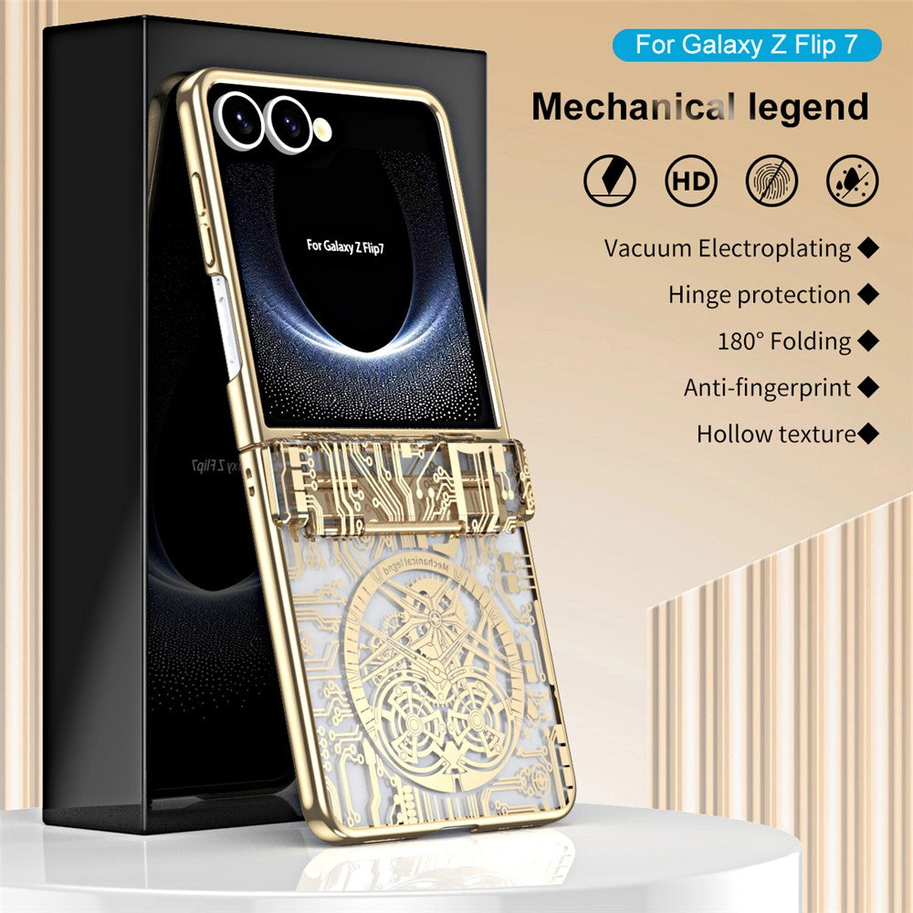 For Samsung Galaxy Z Flip7 5G Case Mechanical Legend Electroplating PC Phone Cover with Rear Screen Film - Gold