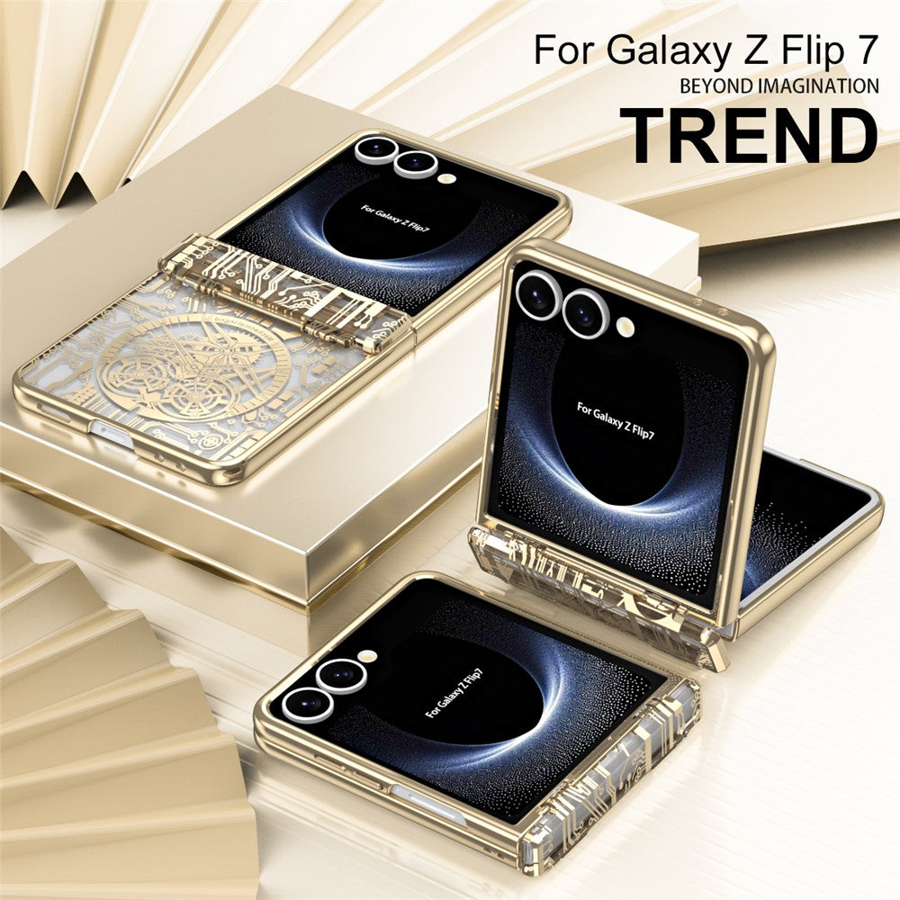 For Samsung Galaxy Z Flip7 5G Case Mechanical Legend Electroplating PC Phone Cover with Rear Screen Film - Gold