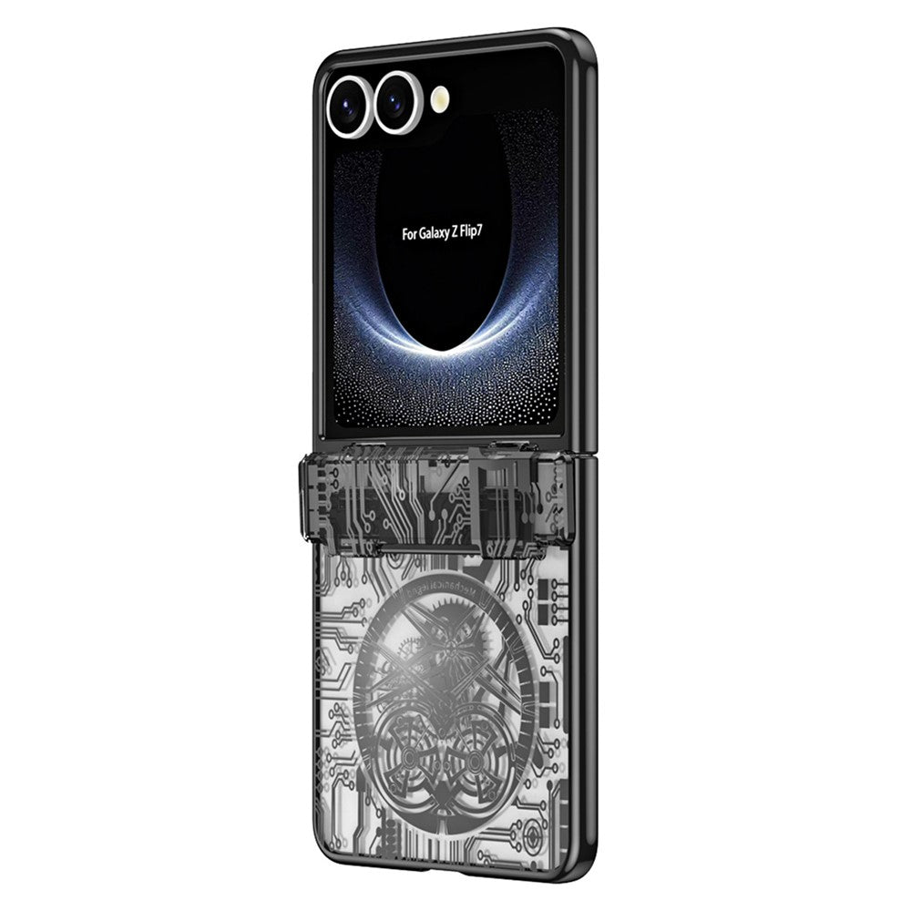For Samsung Galaxy Z Flip7 5G Case Mechanical Legend Electroplating PC Phone Cover with Rear Screen Film - Black
