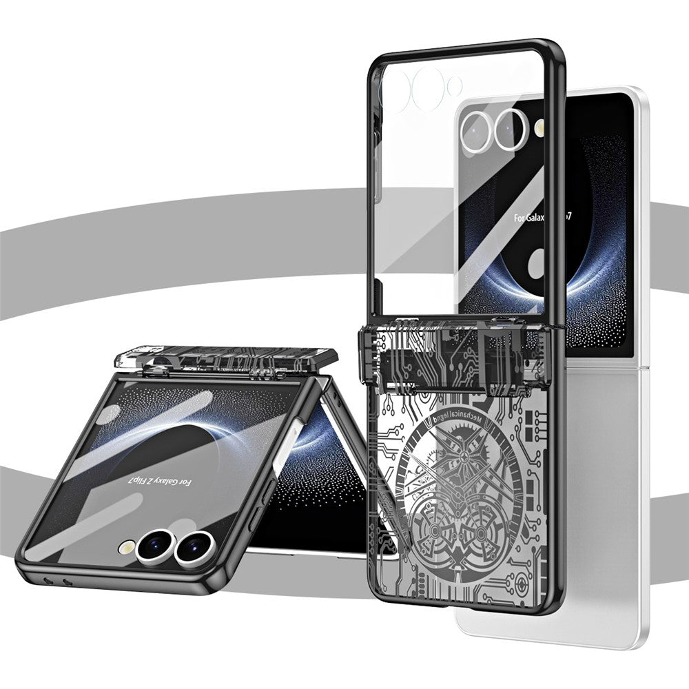 For Samsung Galaxy Z Flip7 5G Case Mechanical Legend Electroplating PC Phone Cover with Rear Screen Film - Black