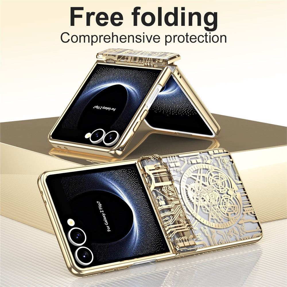 For Samsung Galaxy Z Flip7 5G Case Mechanical Legend Electroplating PC Phone Cover with Rear Screen Film - Black