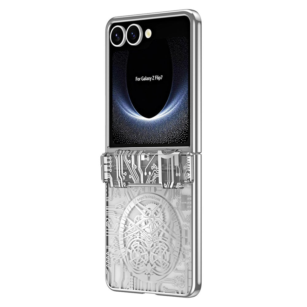 For Samsung Galaxy Z Flip7 5G Case Mechanical Legend Electroplating PC Phone Cover with Rear Screen Film - Silver