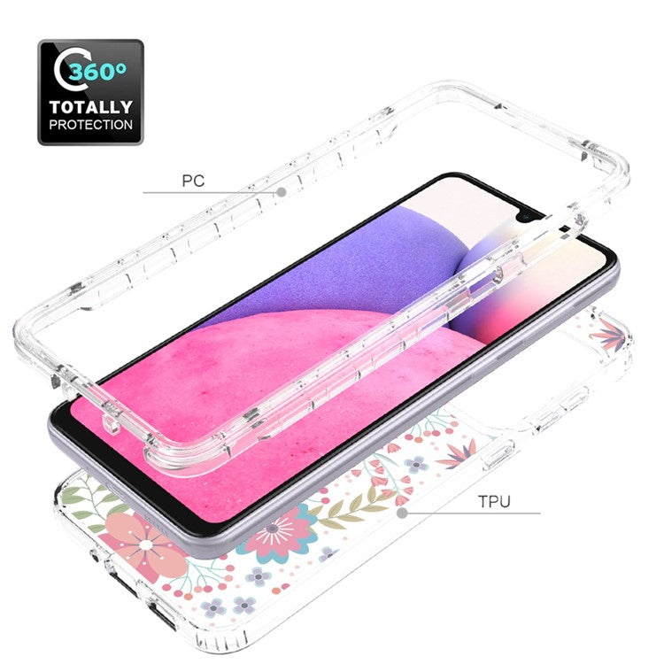 For Samsung Galaxy A33 5G PC Frame + TPU Cover Detachable 2-in-1 Pattern Printing Clear Cellphone Protective Case - Flower and Leaf