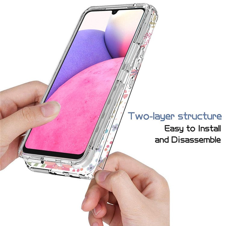 For Samsung Galaxy A33 5G PC Frame + TPU Cover Detachable 2-in-1 Pattern Printing Clear Cellphone Protective Case - Flower and Leaf