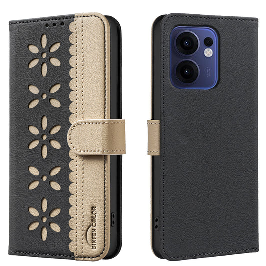 For Oppo Reno13 F 5G Leather Case BINFEN COLOR BF36 Floral Pattern Phone Cover RFID Blocking Wallet Stand - Black