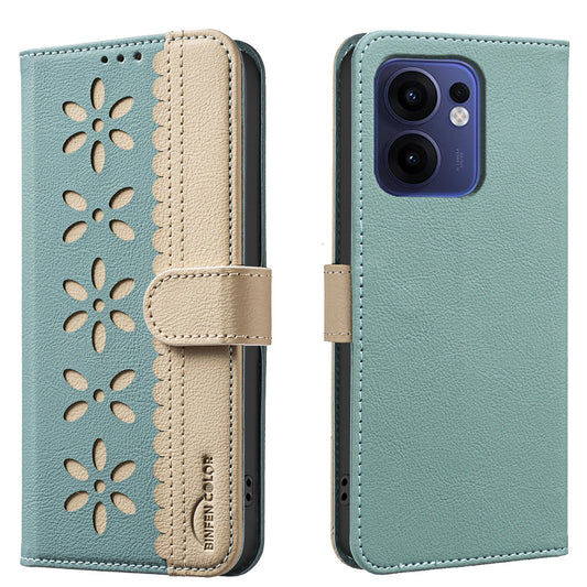 For Oppo Reno13 F 5G Leather Case BINFEN COLOR BF36 Floral Pattern Phone Cover RFID Blocking Wallet Stand - Green
