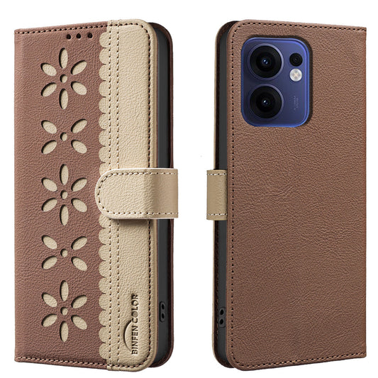 For Oppo Reno13 F 5G Leather Case BINFEN COLOR BF36 Floral Pattern Phone Cover RFID Blocking Wallet Stand - Brown