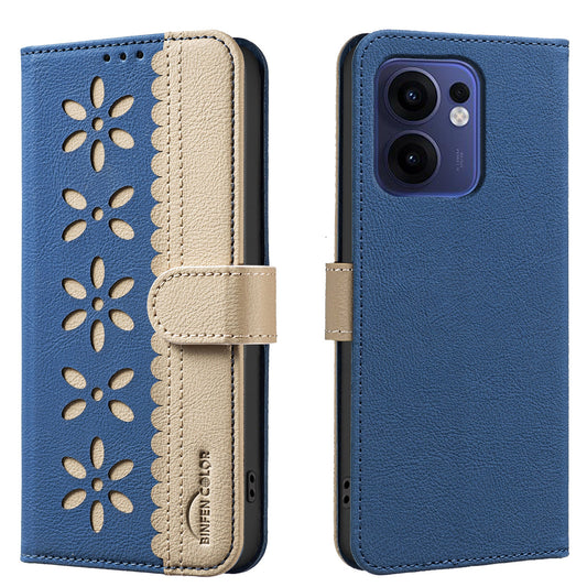 For Oppo Reno13 F 5G Leather Case BINFEN COLOR BF36 Floral Pattern Phone Cover RFID Blocking Wallet Stand - Dark Blue