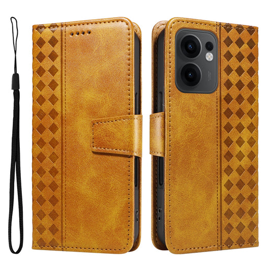 For Oppo Reno13 F 4G / Oppo Reno13 F 5G Leather Case Wallet Stand Grids Imprinted Phone Cover with Strap - Yellow