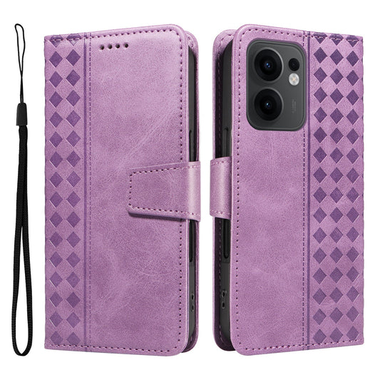 For Oppo Reno13 F 4G / Oppo Reno13 F 5G Leather Case Wallet Stand Grids Imprinted Phone Cover with Strap - Light Purple
