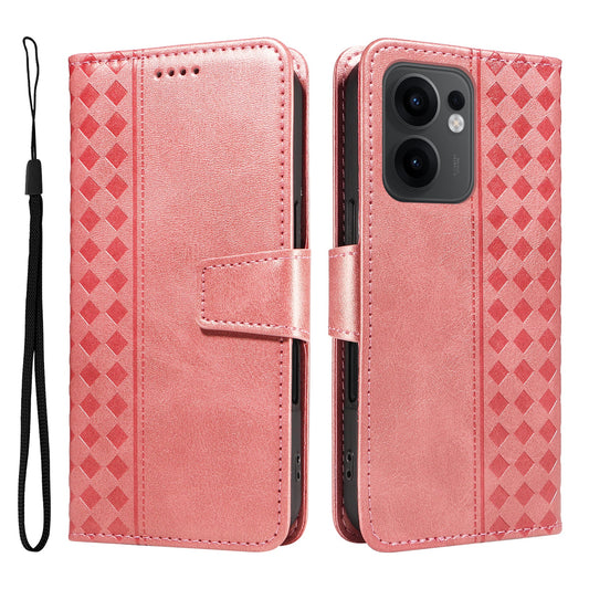 For Oppo Reno13 F 4G / Oppo Reno13 F 5G Leather Case Wallet Stand Grids Imprinted Phone Cover with Strap - Rose Gold