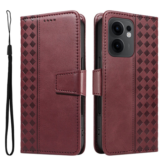 For Oppo Reno13 F 4G / Oppo Reno13 F 5G Leather Case Wallet Stand Grids Imprinted Phone Cover with Strap -  Wine Red