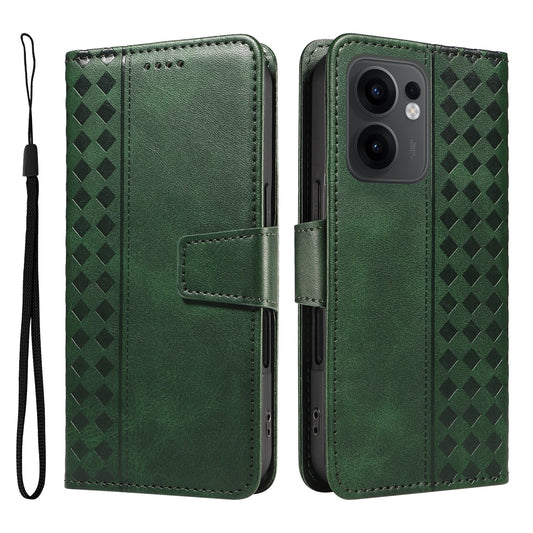For Oppo Reno13 F 4G / Oppo Reno13 F 5G Leather Case Wallet Stand Grids Imprinted Phone Cover with Strap - Green