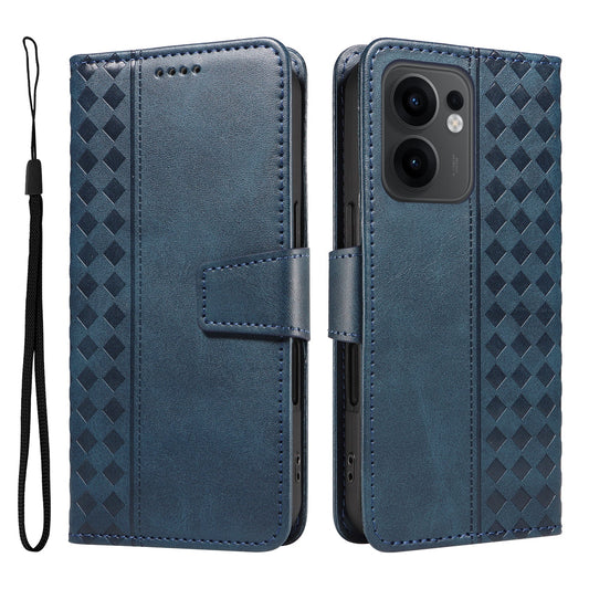 For Oppo Reno13 F 4G / Oppo Reno13 F 5G Leather Case Wallet Stand Grids Imprinted Phone Cover with Strap - Blue