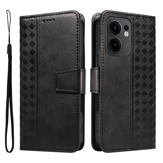 For Oppo Reno13 F 4G / Oppo Reno13 F 5G Leather Case Wallet Stand Grids Imprinted Phone Cover with Strap - Black