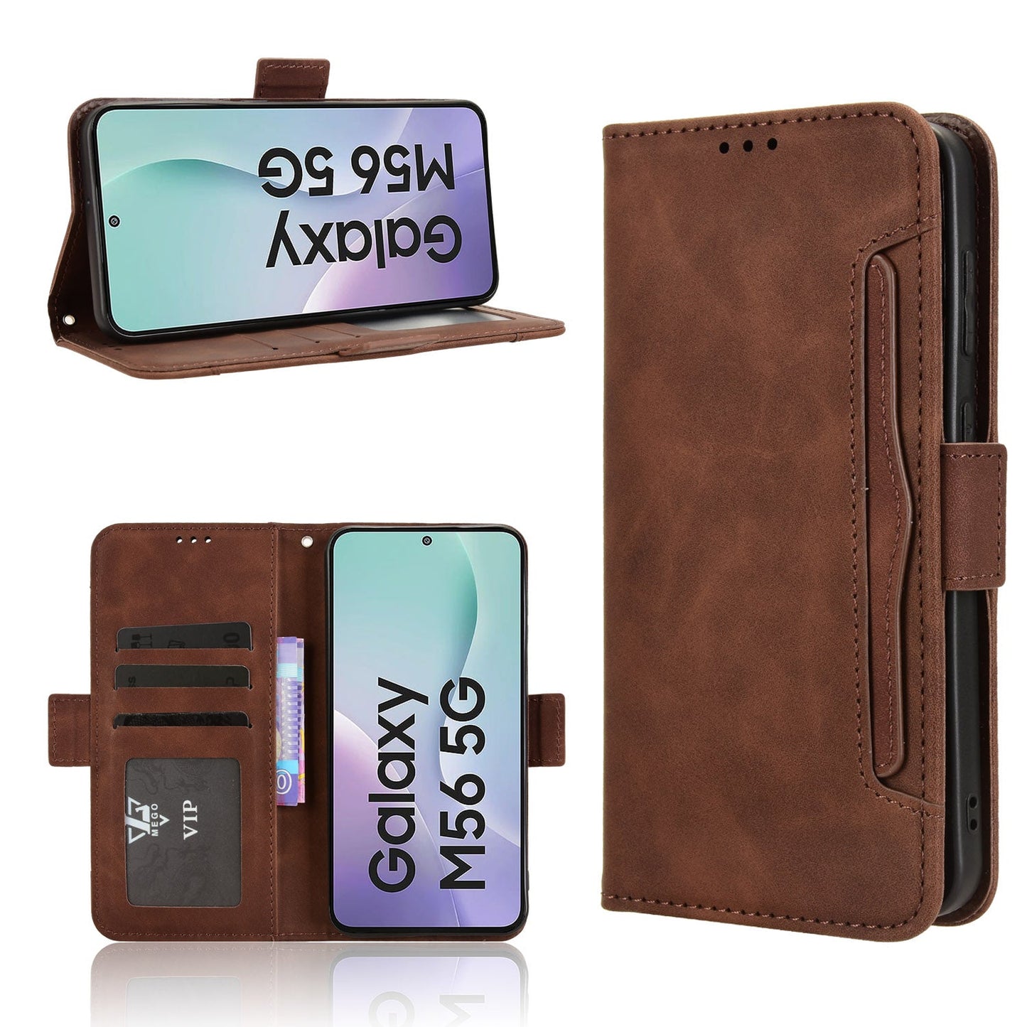 For Samsung Galaxy M56 5G Leather Case Phone Wallet Cover with Multiple Card Slots - Brown