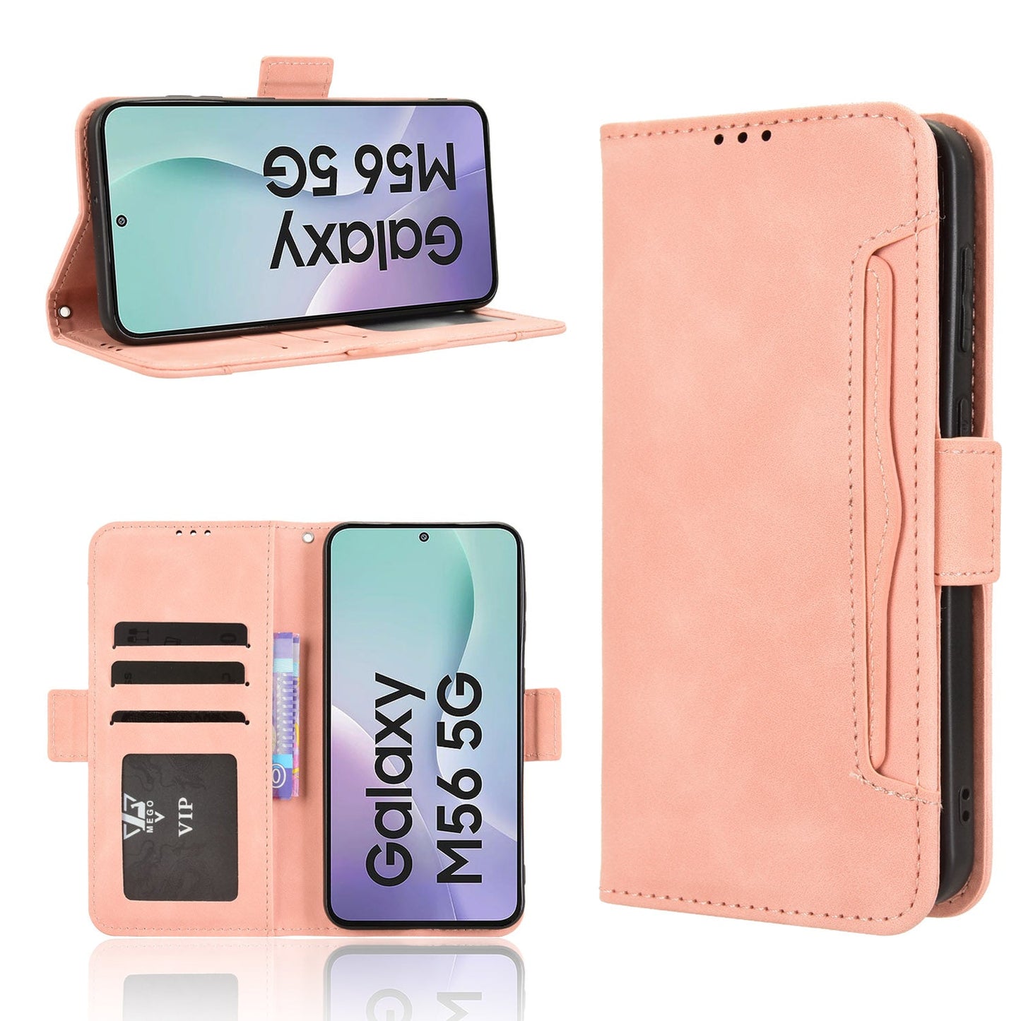 For Samsung Galaxy M56 5G Leather Case Phone Wallet Cover with Multiple Card Slots - Pink