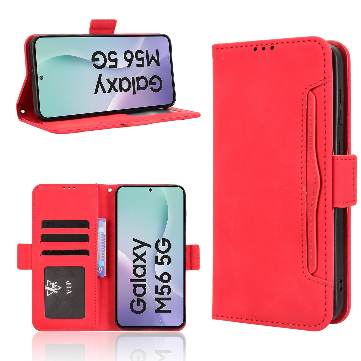 For Samsung Galaxy M56 5G Leather Case Phone Wallet Cover with Multiple Card Slots - Red