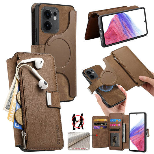 For Oppo Reno13 F 5G Case CASENEO MW-02 Detachable Magnetic Leather Flip Phone Cover - Brown