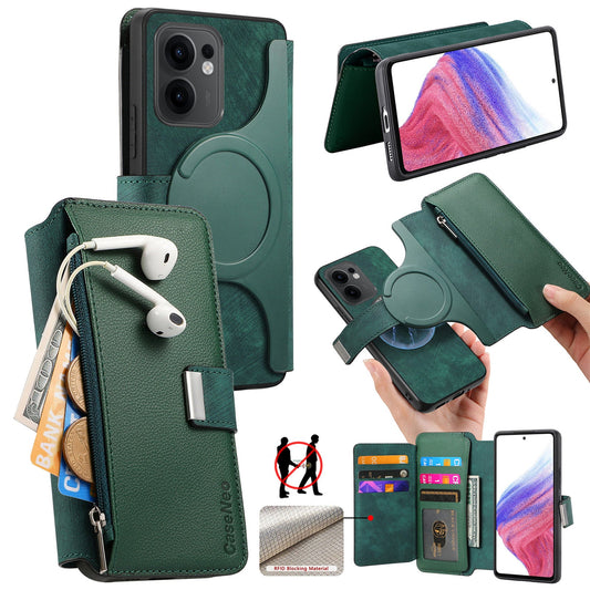 For Oppo Reno13 F 5G Case CASENEO MW-02 Detachable Magnetic Leather Flip Phone Cover - Green