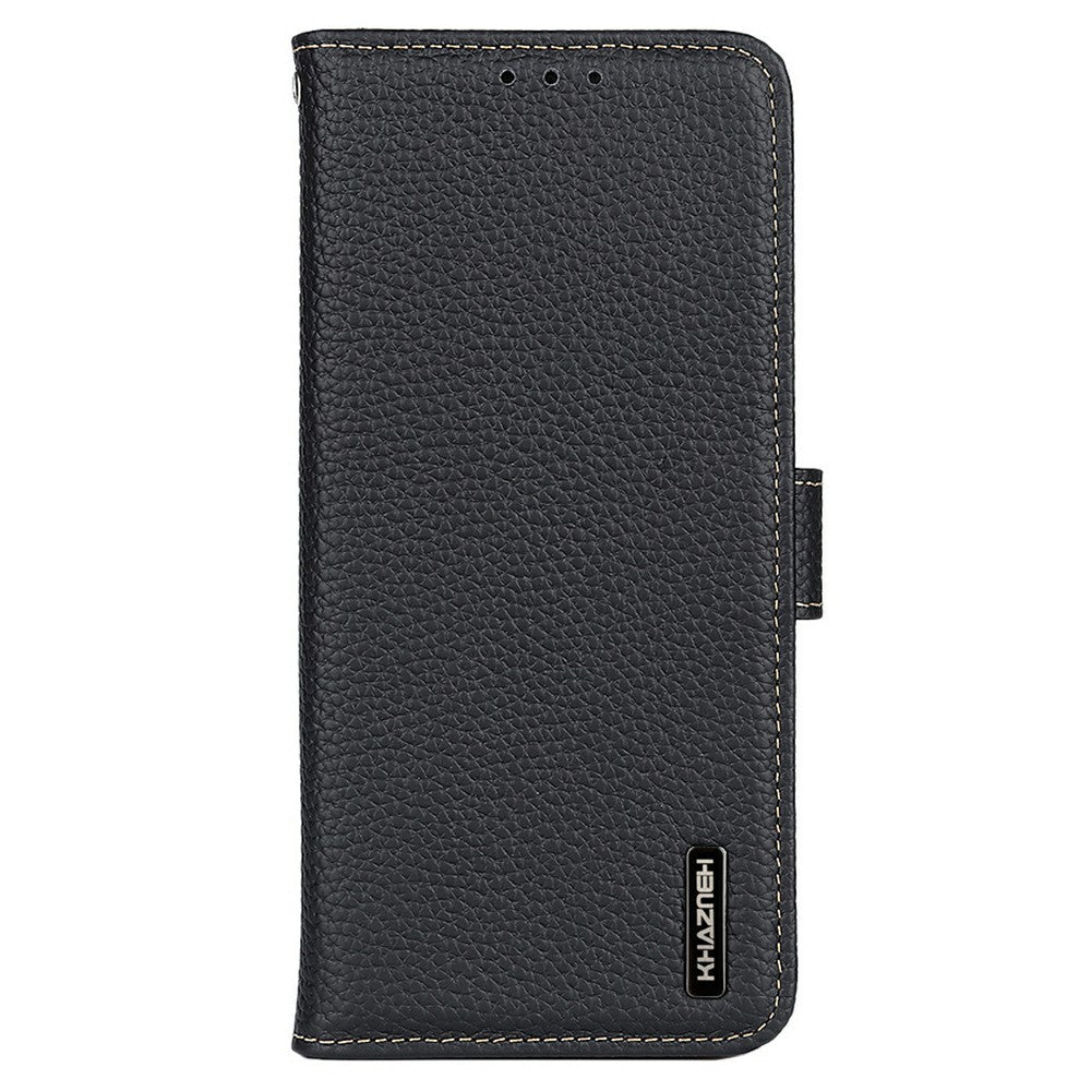 KHAZNEH For iPhone 17 Pro Max Case Litchi Texture Genuine Cow Leather Flip Phone Cover - Black