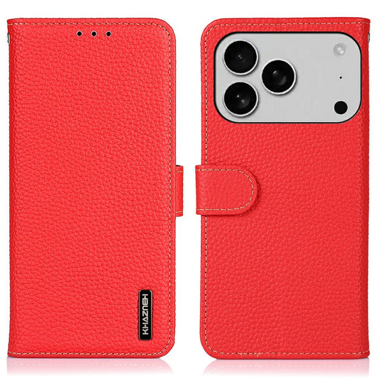 KHAZNEH For iPhone 17 Pro Max Case Litchi Texture Genuine Cow Leather Flip Phone Cover - Red