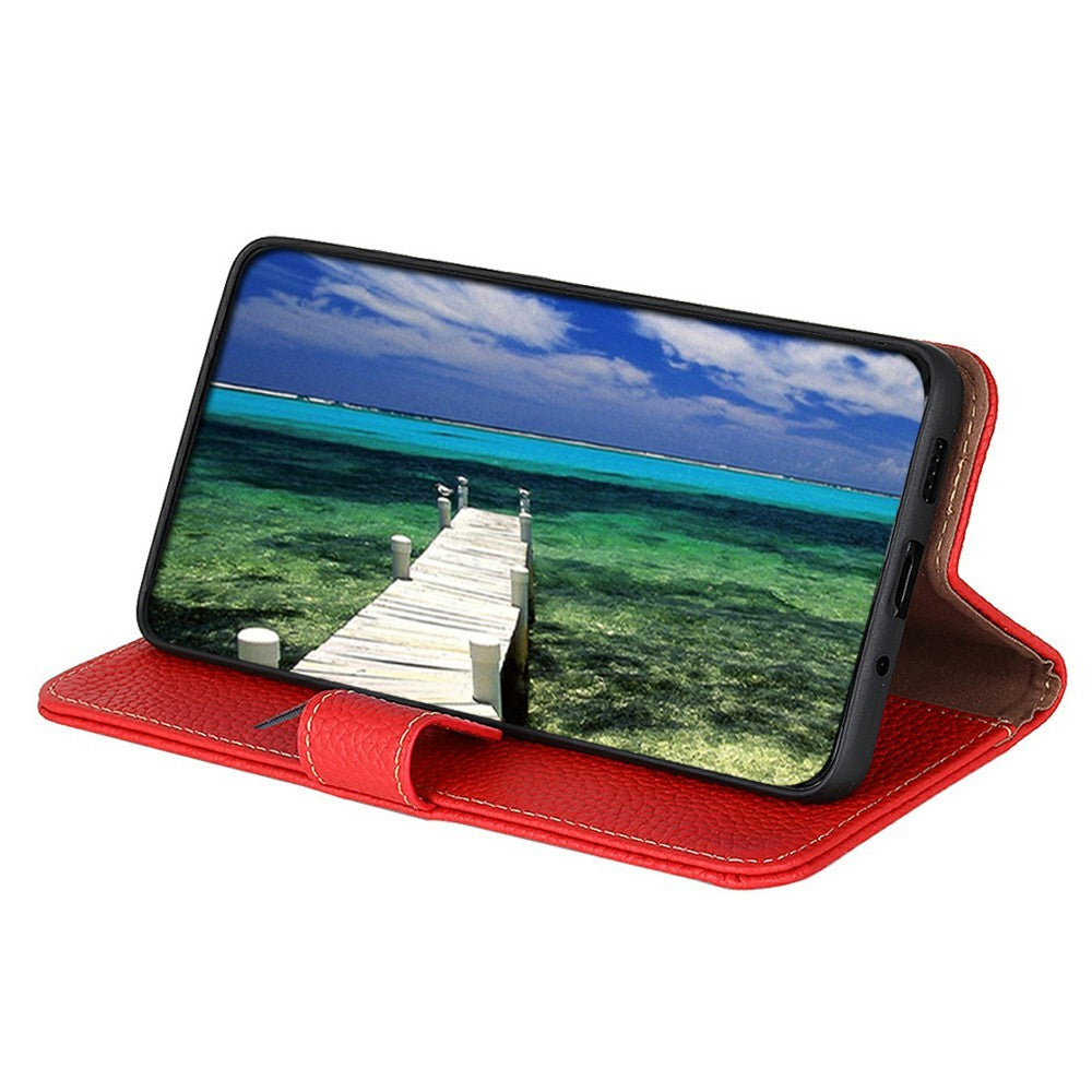 KHAZNEH For iPhone 17 Pro Max Case Litchi Texture Genuine Cow Leather Flip Phone Cover - Red