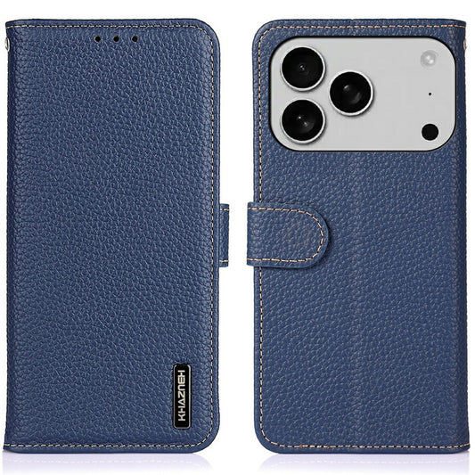 KHAZNEH For iPhone 17 Pro Max Case Litchi Texture Genuine Cow Leather Flip Phone Cover - Blue