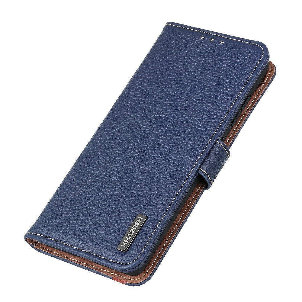 KHAZNEH For iPhone 17 Pro Max Case Litchi Texture Genuine Cow Leather Flip Phone Cover - Blue
