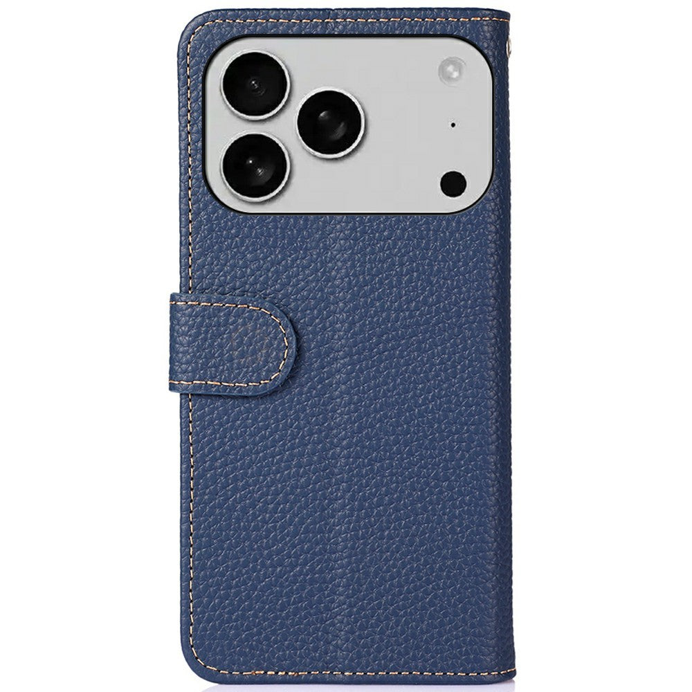 KHAZNEH For iPhone 17 Pro Max Case Litchi Texture Genuine Cow Leather Flip Phone Cover - Blue