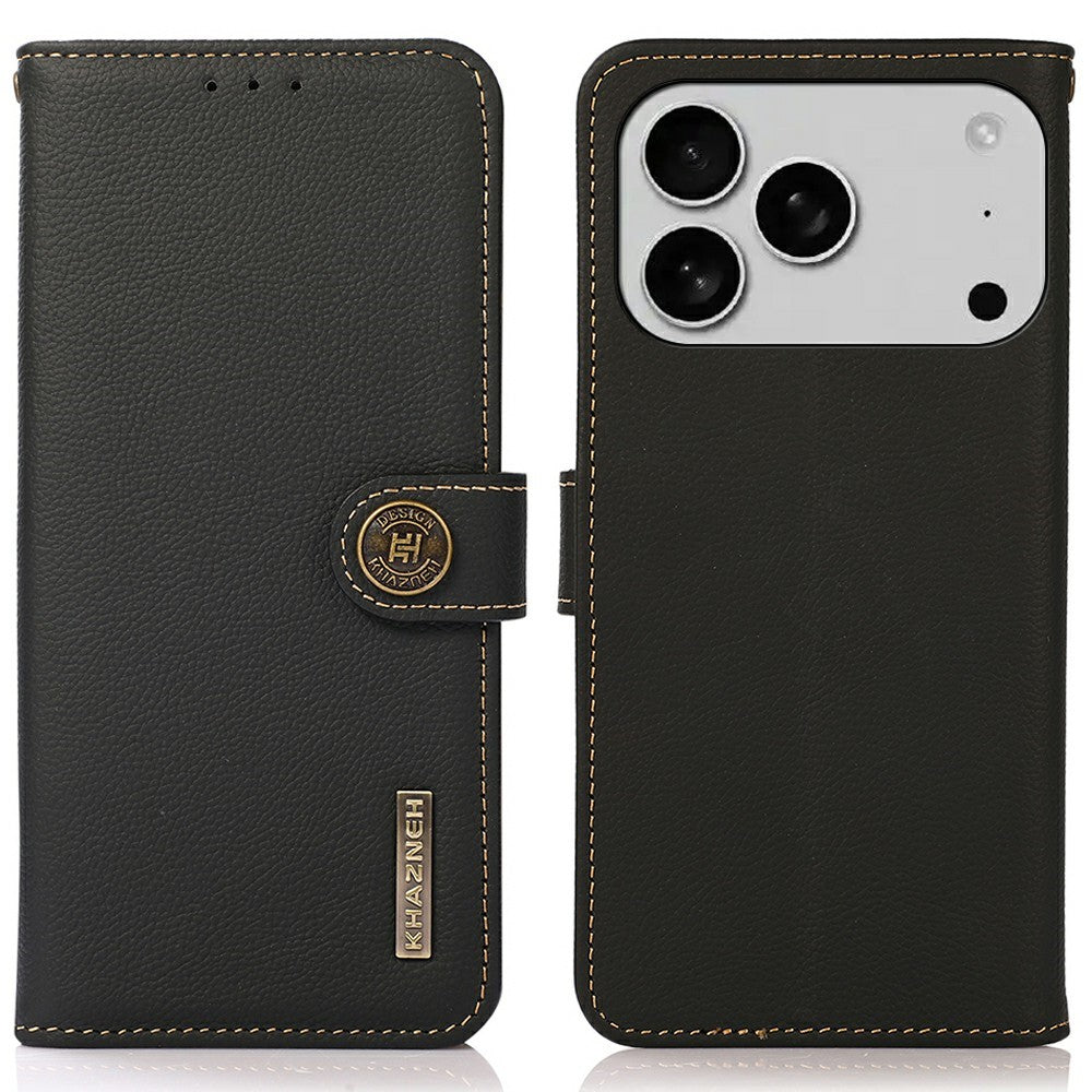 KHAZNEH for iPhone 17 Pro Max Case Genuine Cow Leather RFID Blocking Wallet Phone Cover - Black