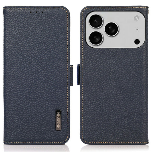 KHAZNEH for iPhone 17 Pro Max Phone Case RFID Blocking Wallet Litchi Texture Genuine Cow Leather Cover - Blue