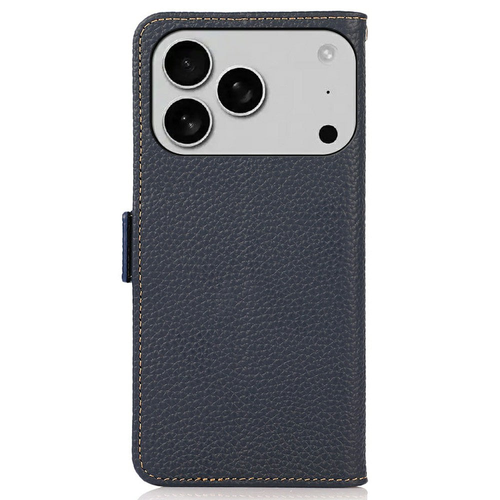 KHAZNEH for iPhone 17 Pro Max Phone Case RFID Blocking Wallet Litchi Texture Genuine Cow Leather Cover - Blue