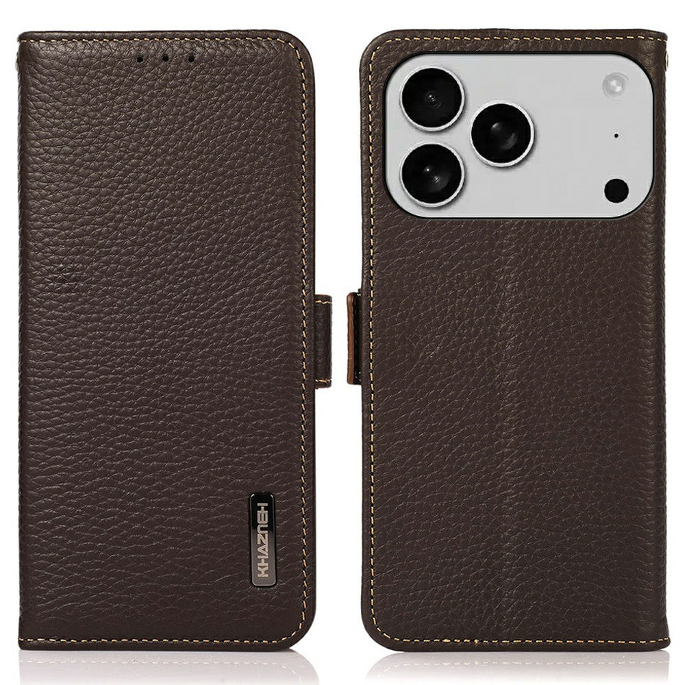 KHAZNEH for iPhone 17 Pro Max Phone Case RFID Blocking Wallet Litchi Texture Genuine Cow Leather Cover - Brown