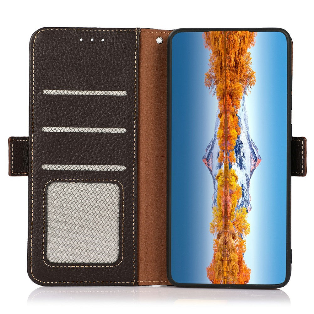 KHAZNEH for iPhone 17 Pro Max Phone Case RFID Blocking Wallet Litchi Texture Genuine Cow Leather Cover - Brown