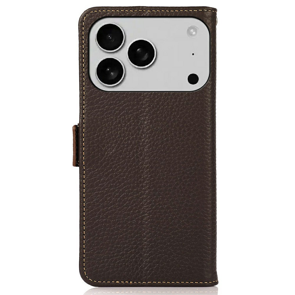 KHAZNEH for iPhone 17 Pro Max Phone Case RFID Blocking Wallet Litchi Texture Genuine Cow Leather Cover - Brown