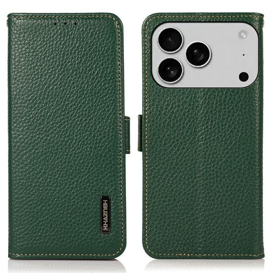 KHAZNEH for iPhone 17 Pro Max Phone Case RFID Blocking Wallet Litchi Texture Genuine Cow Leather Cover - Green