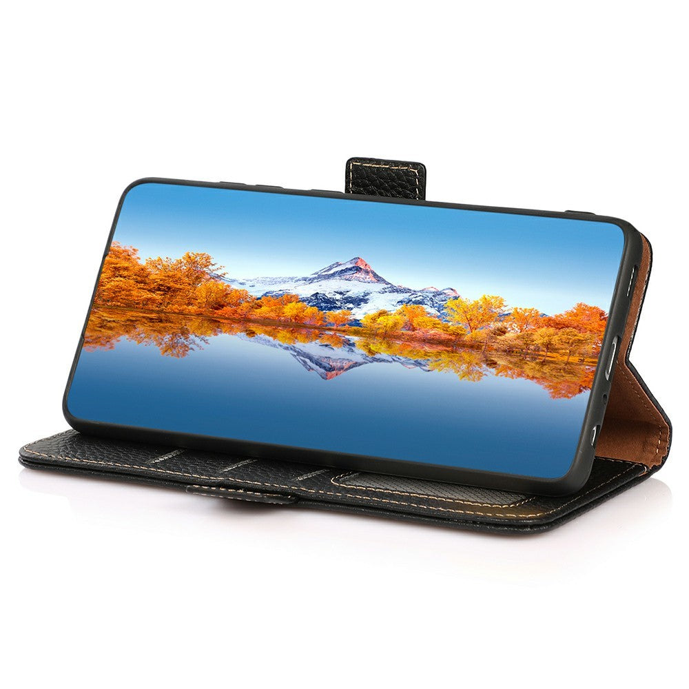 KHAZNEH for iPhone 17 Pro Max Phone Case RFID Blocking Wallet Litchi Texture Genuine Cow Leather Cover - Black