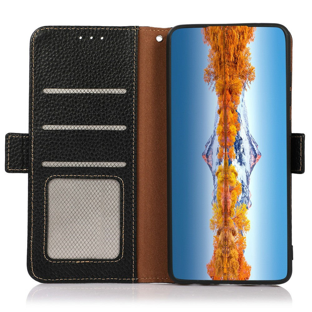 KHAZNEH for iPhone 17 Pro Max Phone Case RFID Blocking Wallet Litchi Texture Genuine Cow Leather Cover - Black