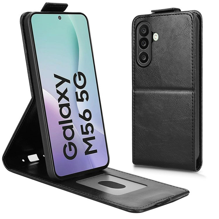 For Samsung Galaxy M56 5G Stand Case Magnetic Clasp Vertical Flip Leather Phone Cover with Card Holder - Black
