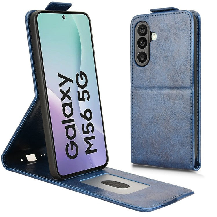 For Samsung Galaxy M56 5G Stand Case Magnetic Clasp Vertical Flip Leather Phone Cover with Card Holder - Dark Blue