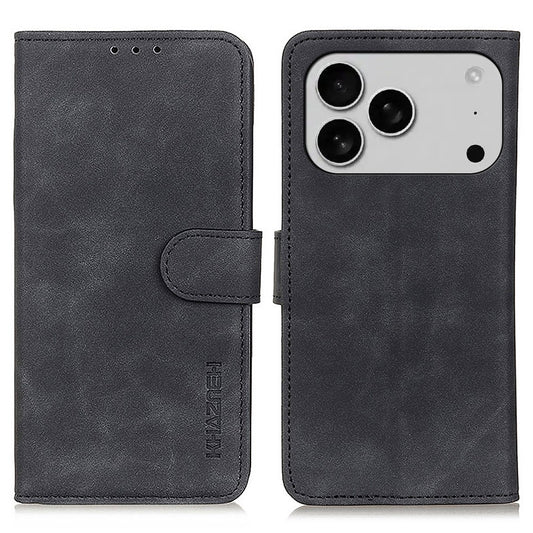 KHAZNEH For iPhone 17 Pro Max Case PU Leather Retro Texture Phone Cover - Black