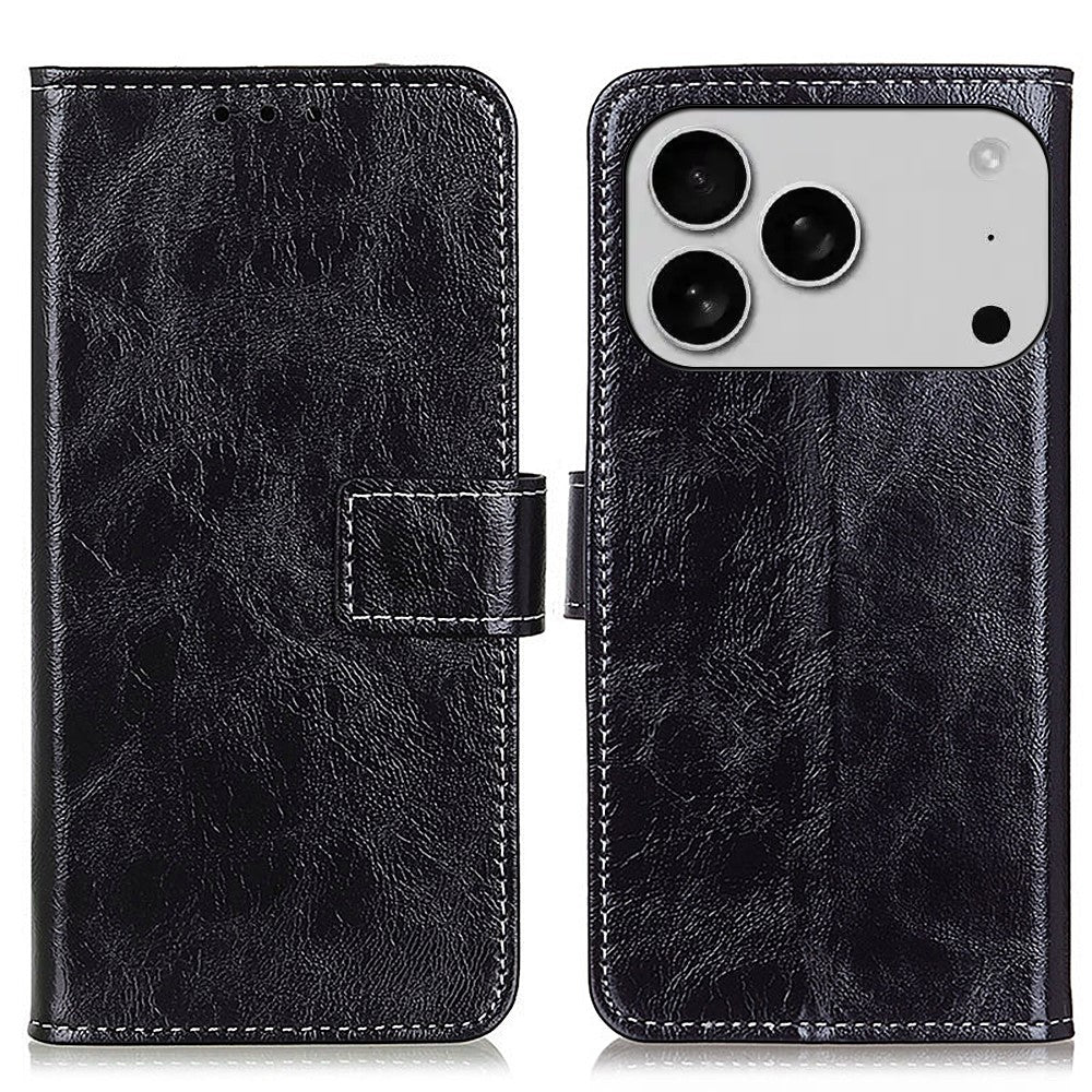 For iPhone 17 Pro Max Case Wallet Leather Phone Cover Crazy Horse Texture - Black