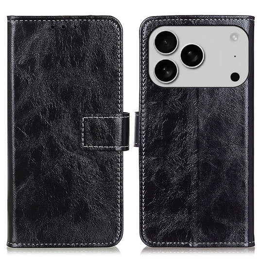 For iPhone 17 Pro Max Case Wallet Leather Phone Cover Crazy Horse Texture - Black