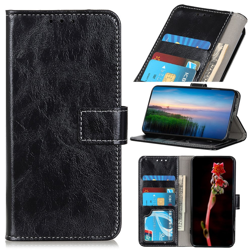 For iPhone 17 Pro Max Case Wallet Leather Phone Cover Crazy Horse Texture - Black