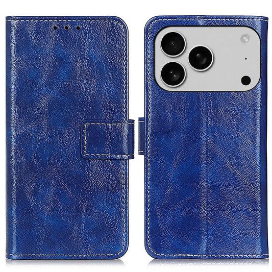 For iPhone 17 Pro Max Case Wallet Leather Phone Cover Crazy Horse Texture - Blue