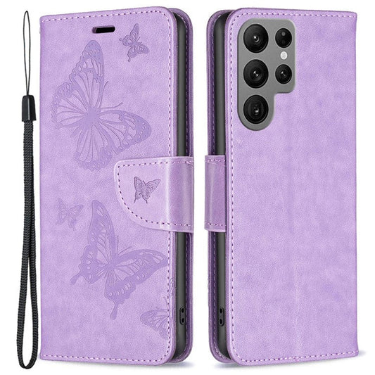 BF Imprinting Pattern Series-4 for Samsung Galaxy S23 Ultra PU Leather Stand Case Imprinted Butterflies Wallet Shockproof Phone Cover - Purple